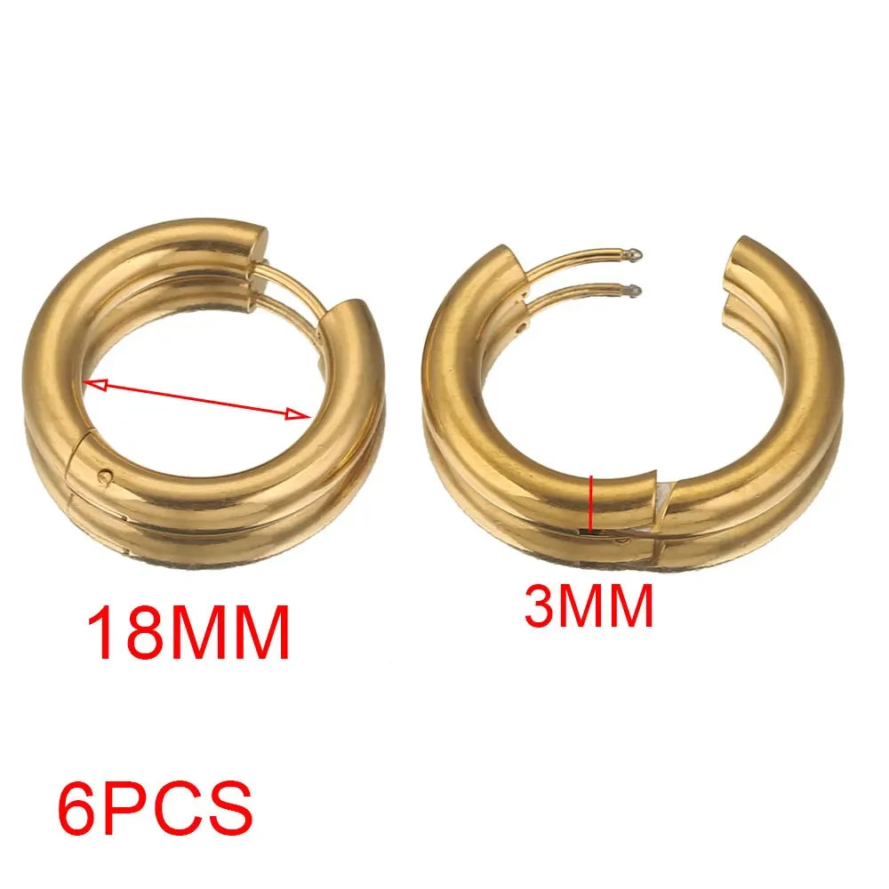 6pcs Stainless Steel 4mm Thick Earrings Gold Plated Large Round Korean Ear Rings Hoop alternate view