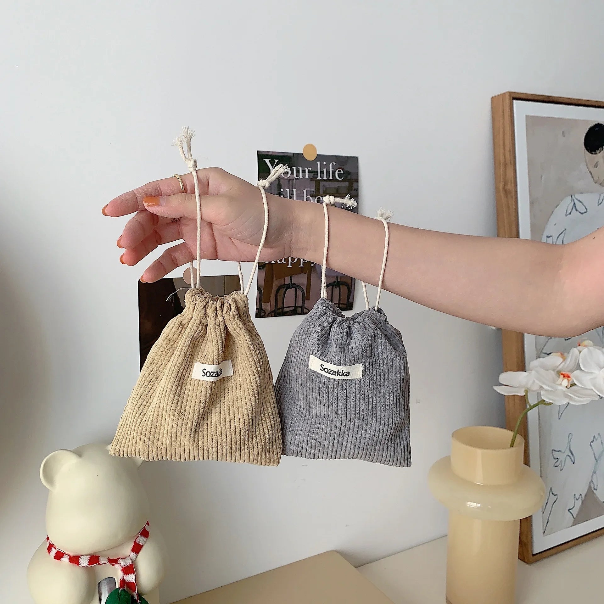 Corduroy Drawstring Pouch | Versatile Storage Bag for Jewelry, Cosmetics, and Small additional angle