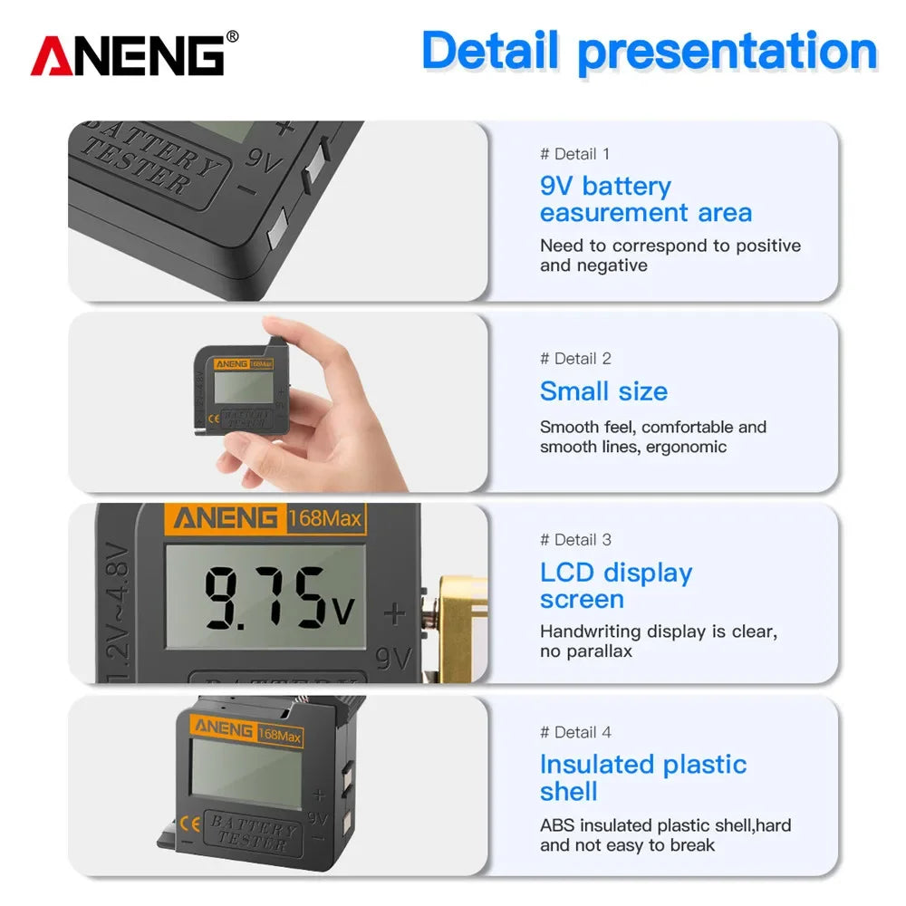ANENG 168Max Digital Lithium Battery Tester | Universal Capacity Checker for AAA AA Bu close-up view