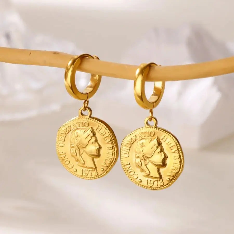 18K Gold Plated Portrait Coin Earrings | Stainless Steel Jesus Cross Dangle Huggie Ea alternate view