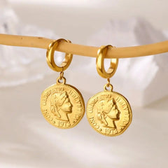 18K Gold Plated Portrait Coin Earrings | Stainless Steel Jesus Cross Dangle Huggie Ea alternate view
