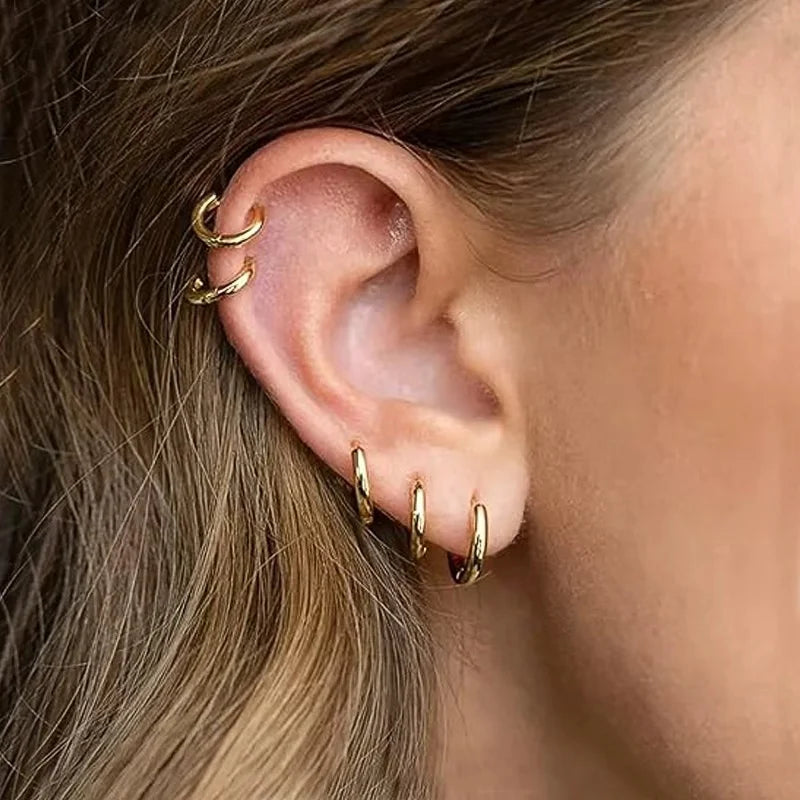 Huitan Glossy Minimalist Hoop Earrings Chic 6mm/7mm/8mm/9mm/10mm/12mm Ear Piercing Acces detail view