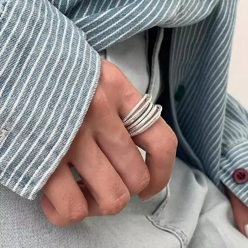 PANJBJ 925 Sterling Silve Multilayer Irregular Geometric Ring for Women Simple Charm lifestyle view