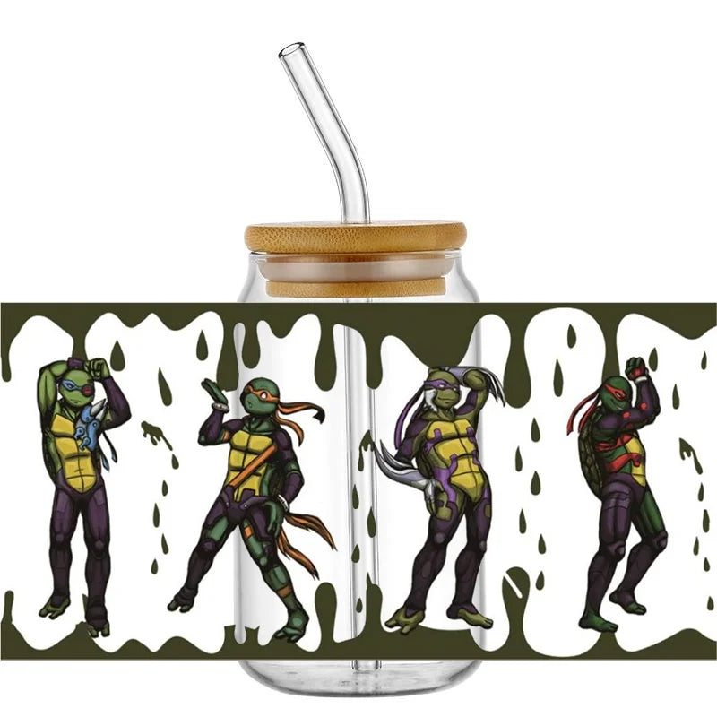 Cartoon Turtle Decal Stickers | Waterproof UV DTF Wrap for 16oz Libbey Glass close-up view