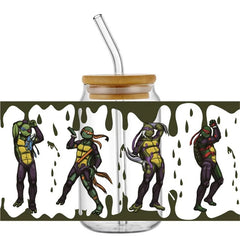 Cartoon Turtle Decal Stickers | Waterproof UV DTF Wrap for 16oz Libbey Glass close-up view