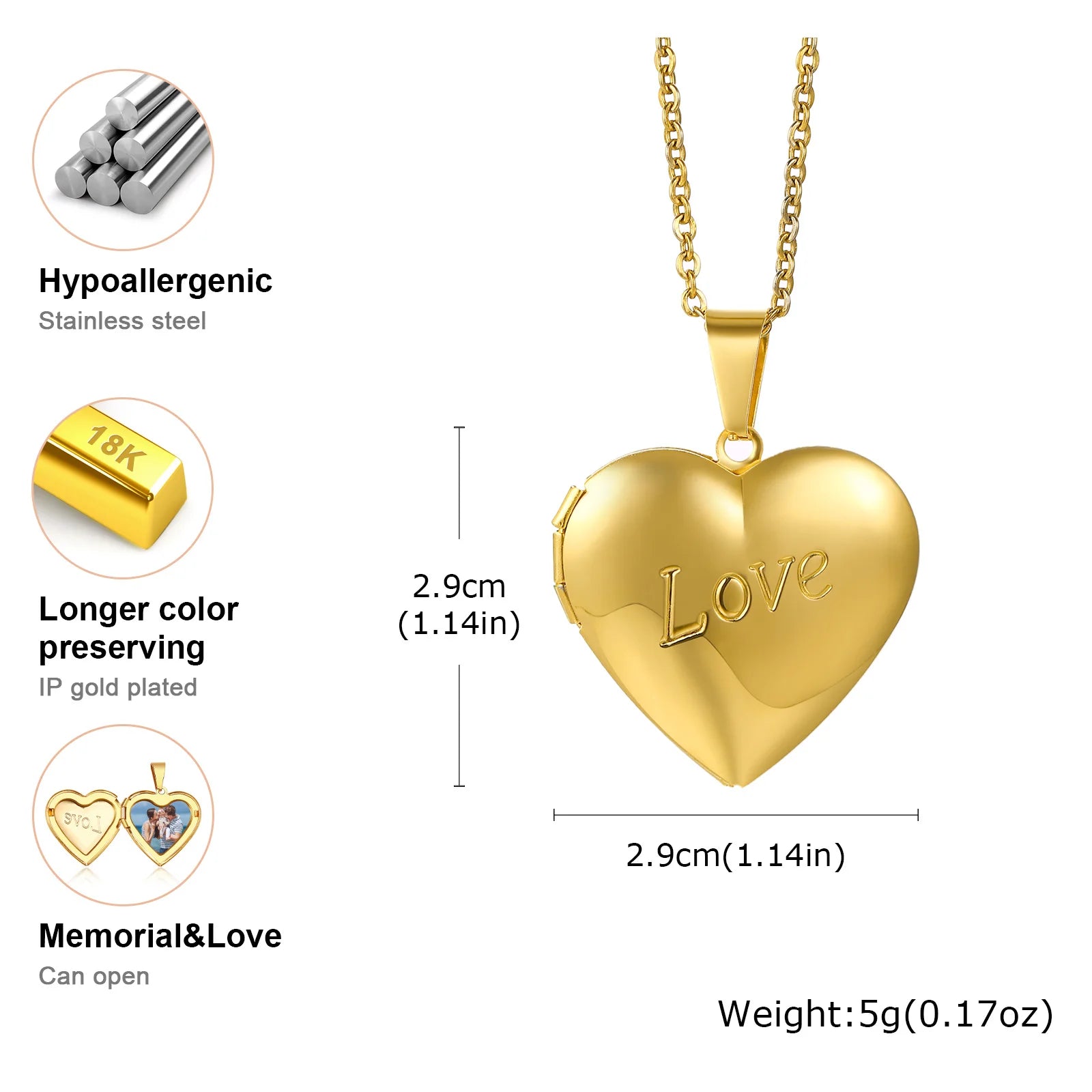 Vnox Light Heart Locket Pendants for Women Men Openable Photo Frame Glossy Stainless S close-up view