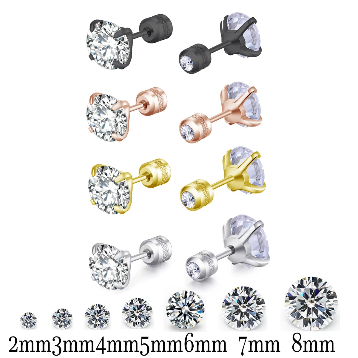 2pcs Hypoallergenic Titanium Steel Stud Earrings for Men Women, Zircon Screw Back Earring Cartilage