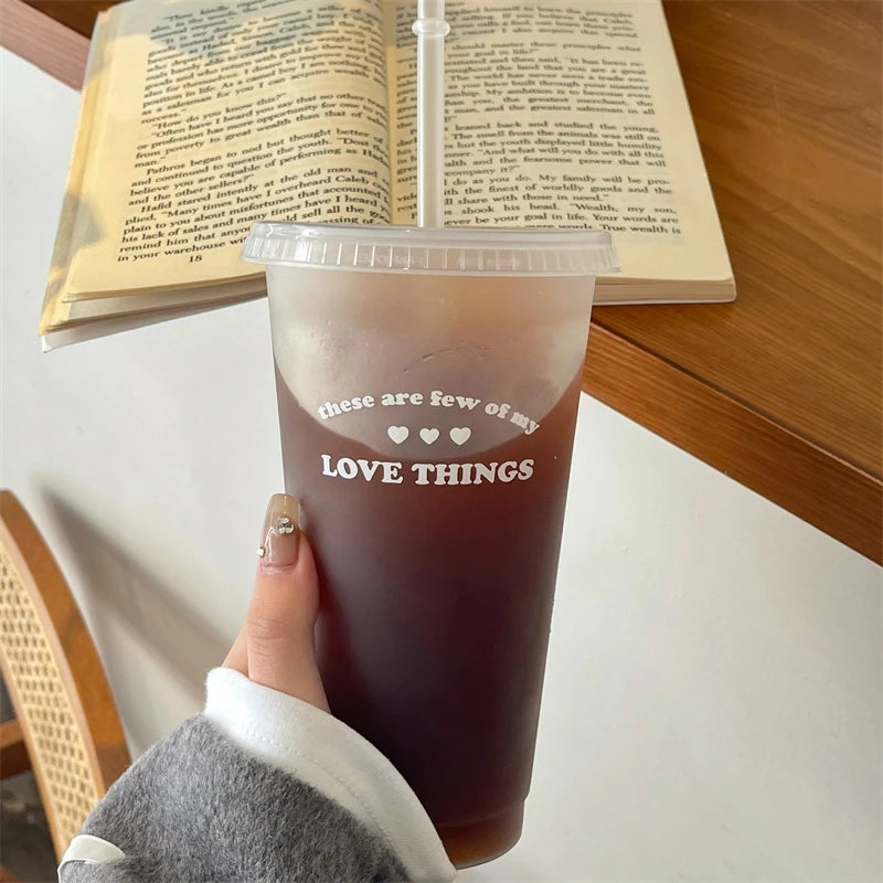 Kawaii Water Bottle For Coffee Juice Tea Cute Tumbler Plastic Cups With Straw Lid Port close-up view