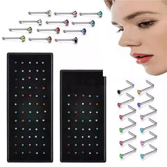 40/60 Pcs/Set Crystal Stainless Steel Nose Piercing Pack Straight Nose Ring Kit L Nose Stud Piercing