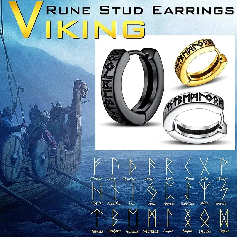 Viking Rune Hoop Earrings | Stainless Steel Norse Jewelry for Men and Women close-up view