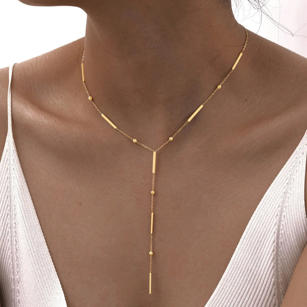 Beaded Long Chain Y Shape Necklace For Women, Minimalist Drop Bar Pendant Choker Necklaces, Clavicle