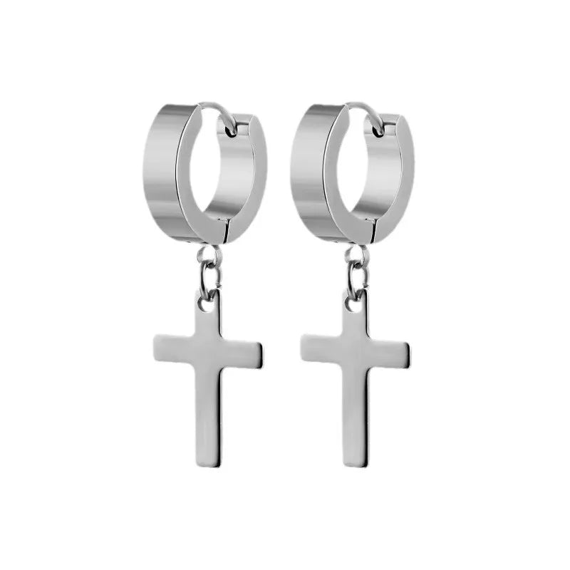 2Pcs Of Stainless Steel Cross Earrings Set, Men’s Women’s stud Earrings Small Huggie H close-up view