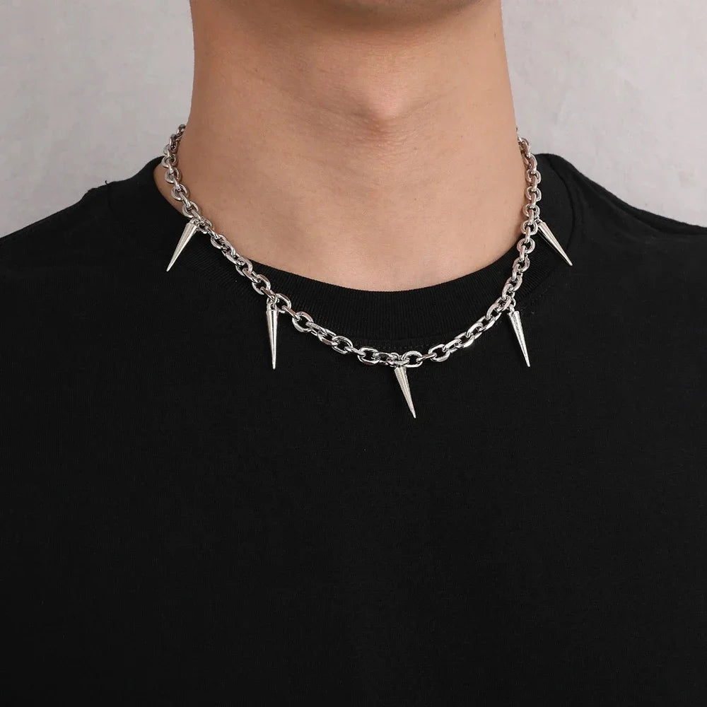 Men Punk Style Rivet Tassel Necklace Hip Hop Women Fashion Geometric Titanium Steel C lifestyle view