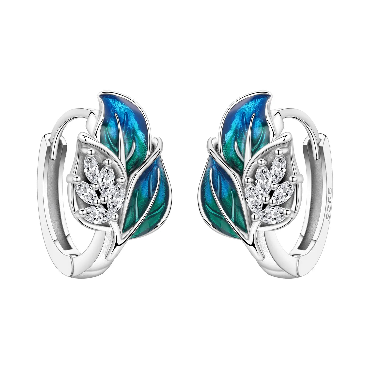925 Sterling Silver Purple Flowers Plants Leaf Series Blue Iris Flower Earring Hoop Ea close-up view