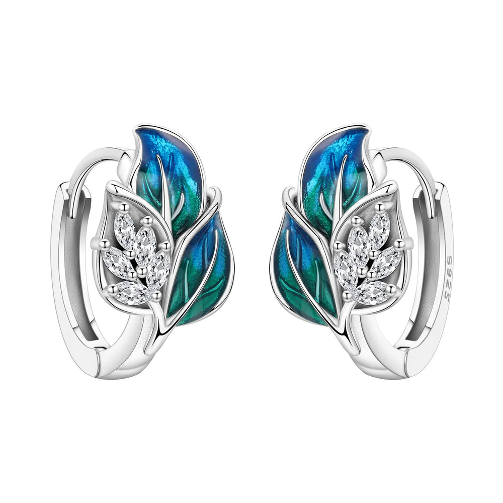 925 Sterling Silver Purple Flowers Plants Leaf Series Blue Iris Flower Earring Hoop Ea close-up view