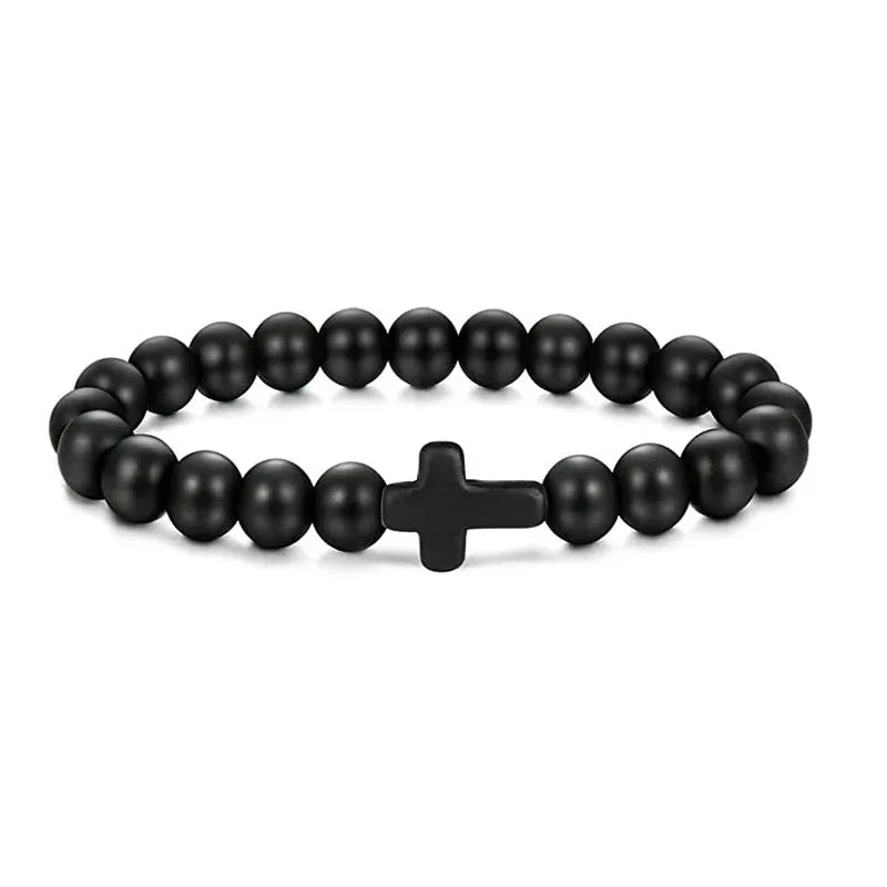 Prayer Men Natural Stone Wood Beads Rosary Hematite Cross Bracelets Onyx Meditation additional angle