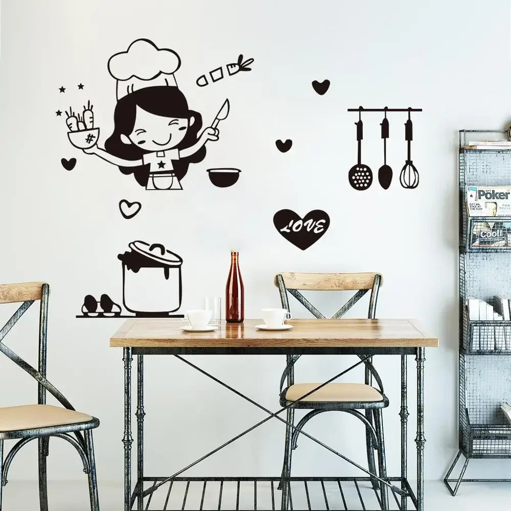 Happy Girl Chef Loves Cooking Wall Sticker | Kitchen and Dining Room Decor close-up view