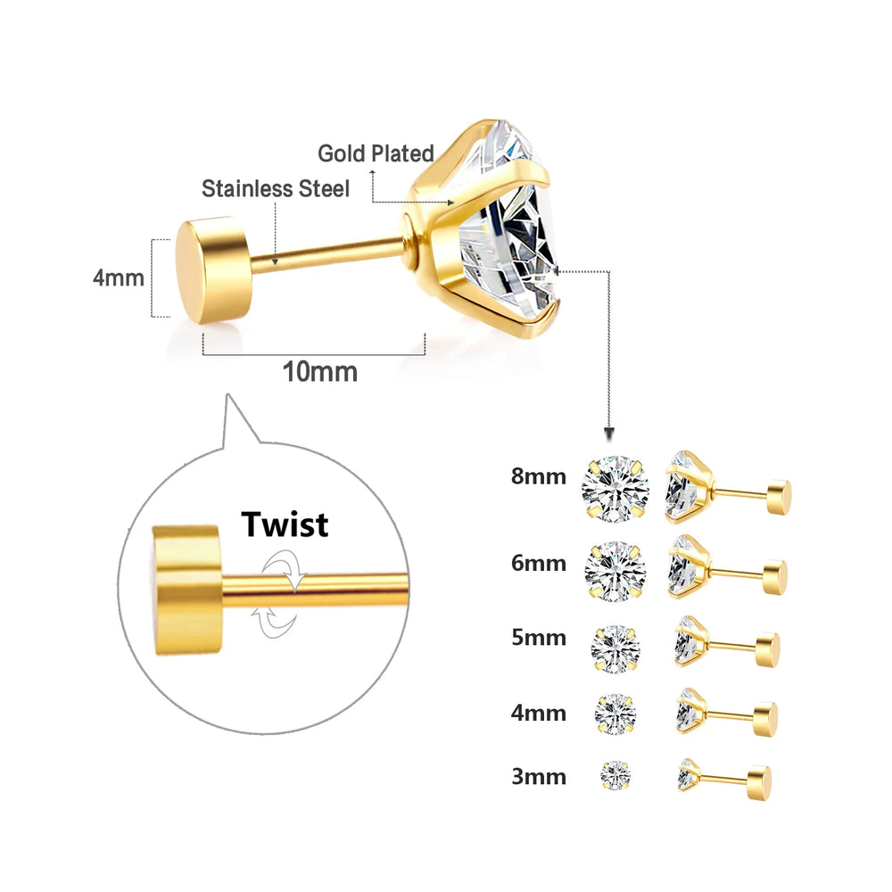 LUXUSTEEL Crystal Zircon Stud Earrings | Screw Back Round CZ Earrings for Men Women detail view
