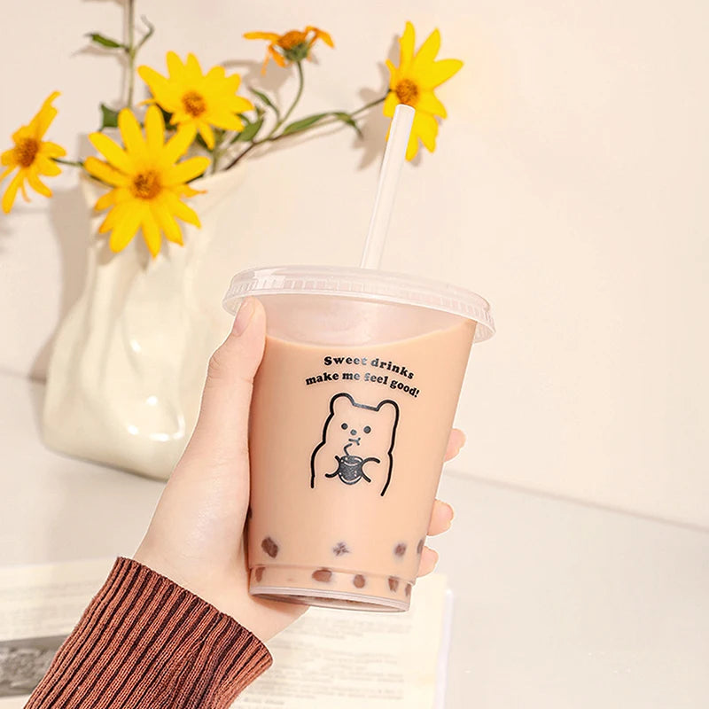 Kawaii Water Bottle For Coffee Juice Milk Tea Cute Plastic Cold Cups With Straw Lid P lifestyle view