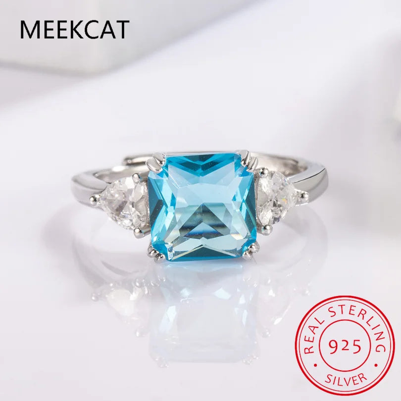 1.9ct Square Natural Sky Blue Topaz 925 Sterling Silver 3 Stone Ring for Women Gemstone detail view