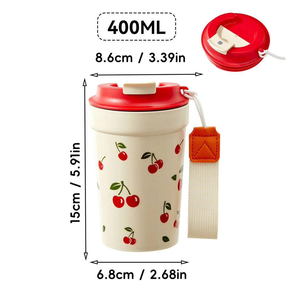 350/400ML Plastic Coffee Mug With Cherry Pattern Travel Portable Water Bottle Tumbler Se detail view