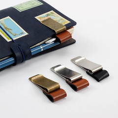 Handmade Leather Brass Stainless Steel Pen Holder Clip Journal Notebook Paper Folder Wri detail view