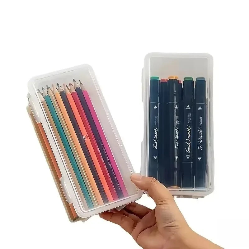 transparent PP storage boxes with lids, used for storing office supplies, pencils, and crafts