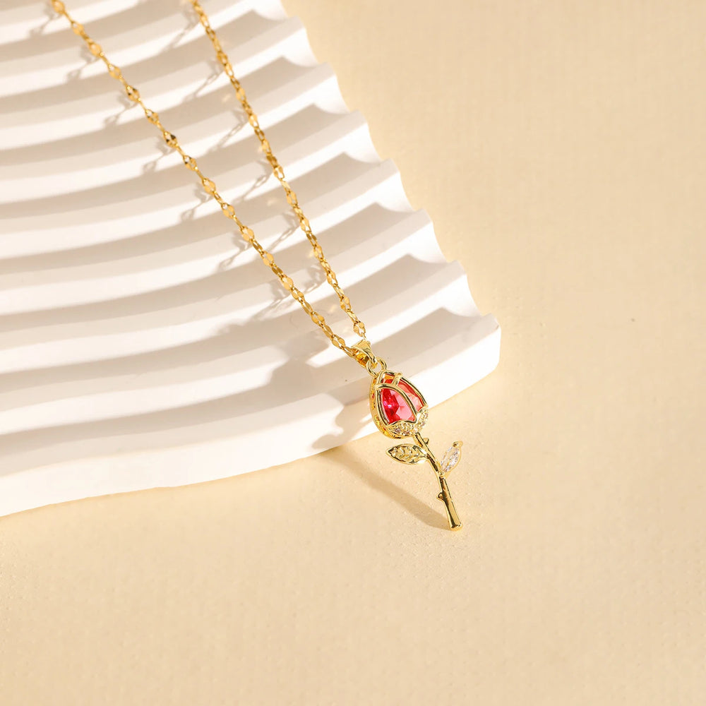 Elegant Pink Rose Necklace for Women Light Luxury Zircon Flower Pendant High-End Jewe lifestyle view