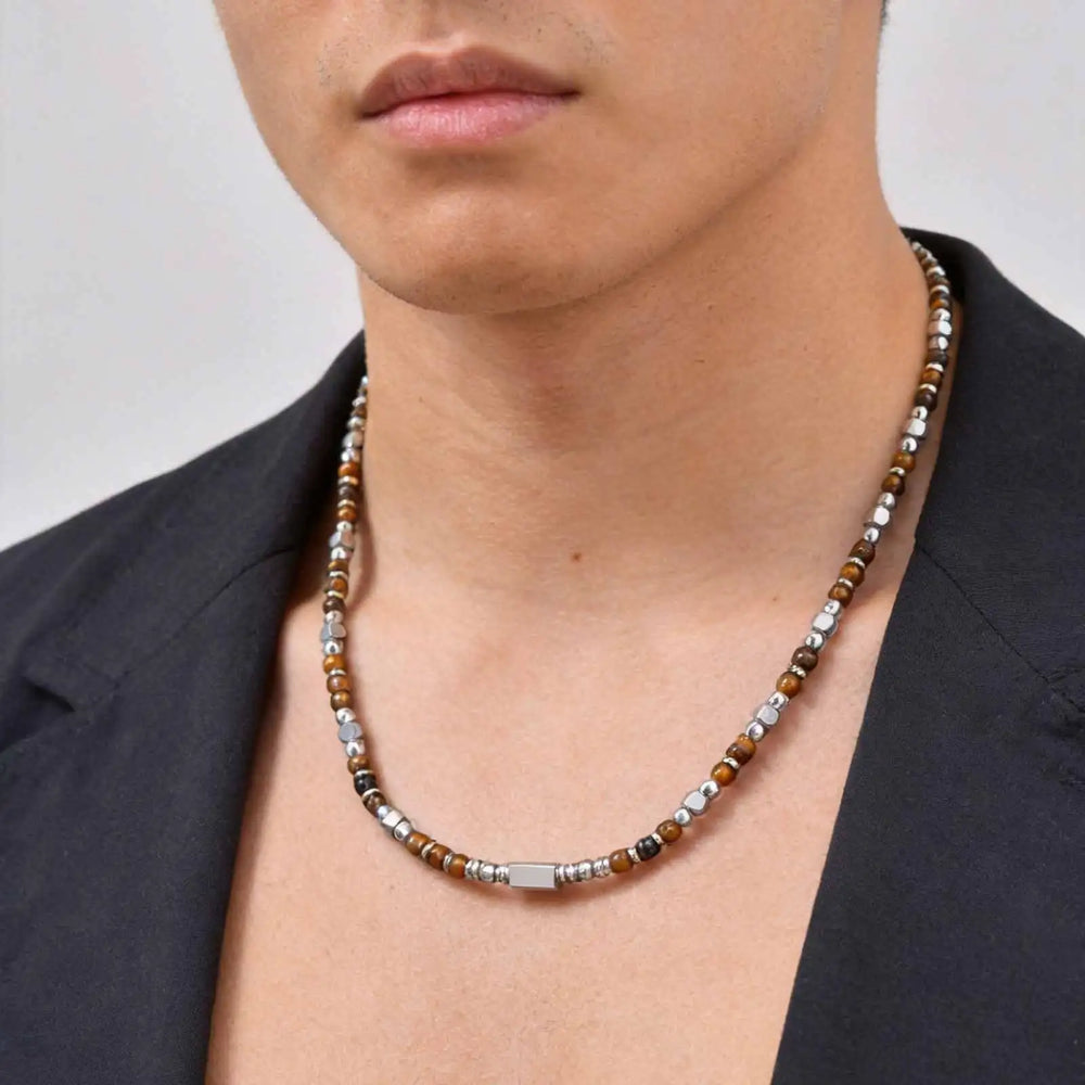 Vnox Stainless Steel Natural Stone Beaded Necklace | Trendy Adjustable Choker for Men Wo detail view