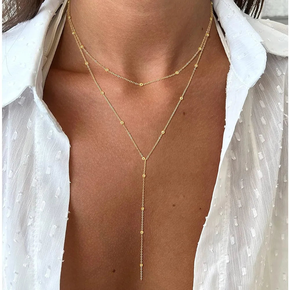 Stainless Steel Lariat Necklace Gold Plated, Dainty Long Necklace Laryered Necklaces For Women Girls