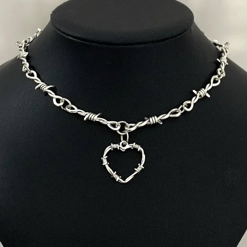 Barbed Wire Choker Necklace | Gothic Punk Thorns Chain for Women close-up view