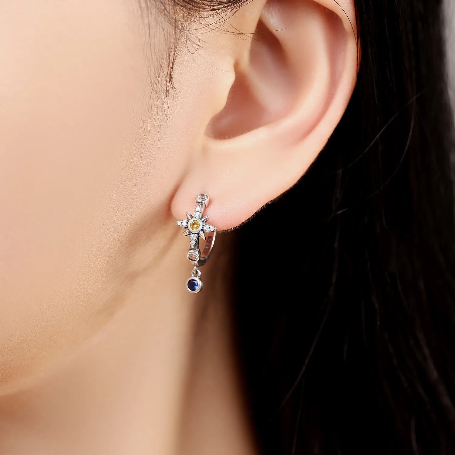 925 Sterling Silver Mysterious Star Moon Earrings Jewelry Versatile Hoop Earrings For Wo detail view