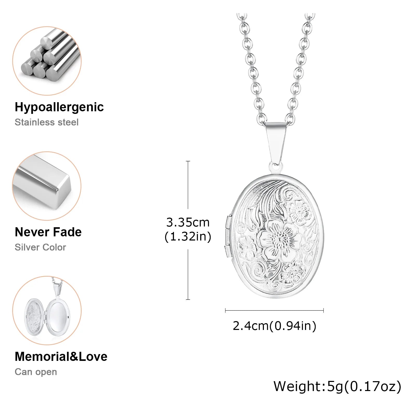 Vnox Light Heart Locket Pendants for Women Men Openable Photo Frame Glossy Stainles additional angle