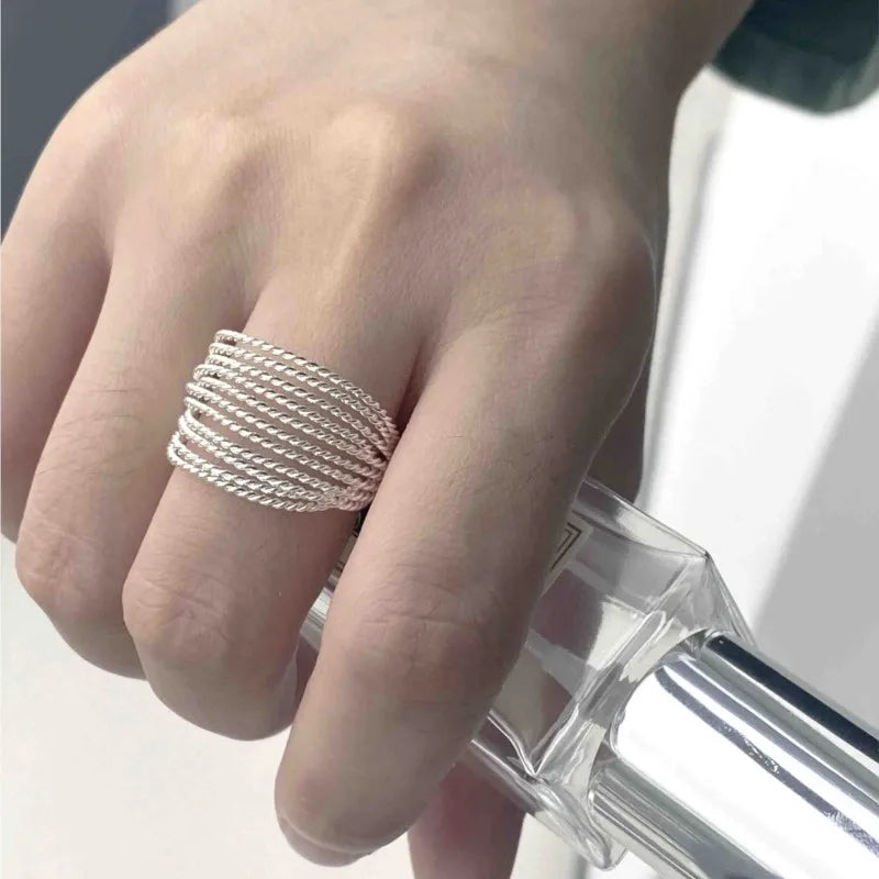 PANJBJ 925 Sterling Silve Multilayer Irregular Geometric Ring for Women Simple Charm Ret detail view
