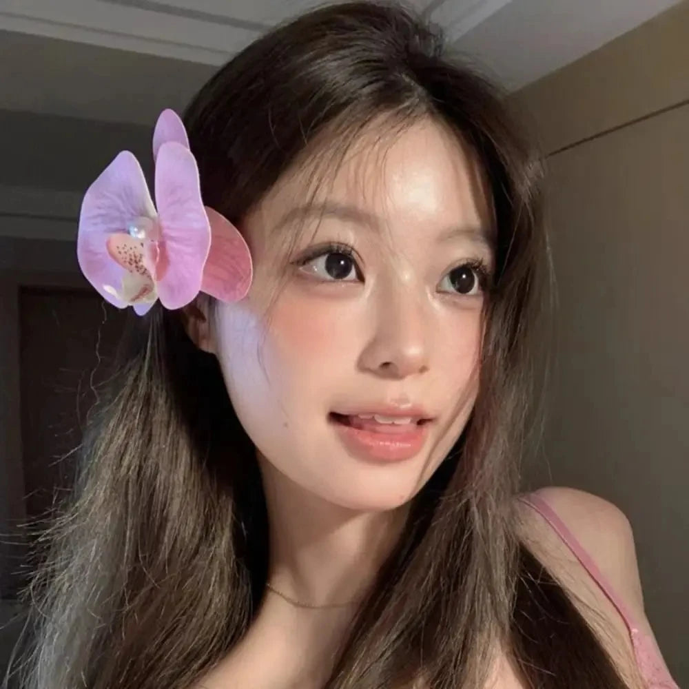 Artificial Orchid Flower Butterfly Hair Clips for Woman Girls Phalaenopsis Pearl Duck lifestyle view