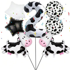 7pcs Big Cow Balloon Set 40 inch Black White Number 0-9 Foil Balloons | Farm Animal Birthday Party D