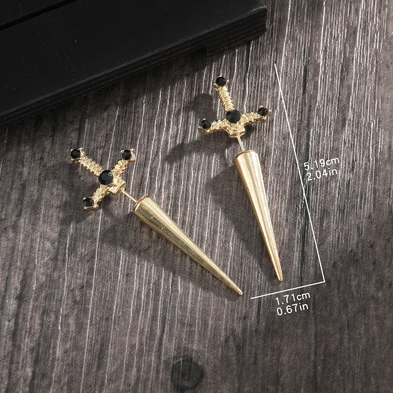 Gothic Kinitial Sword Earrings Vintage Cool Punk Crystal Ear Jacket Goth Dagger Earri lifestyle view