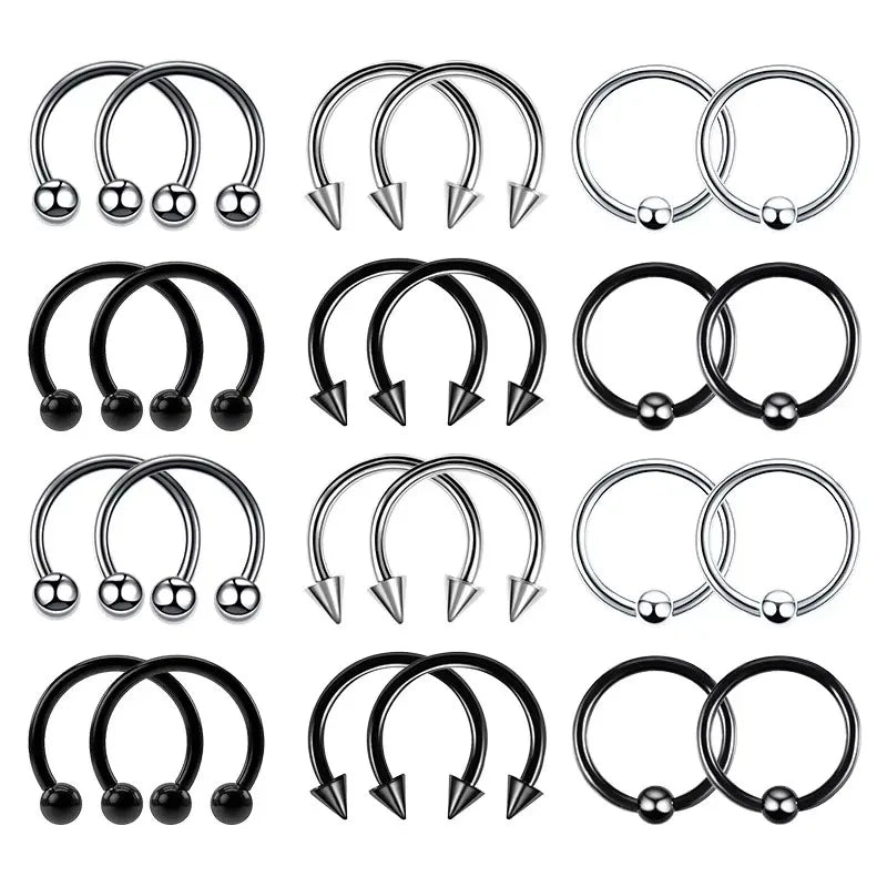 24pc 16G Multiuse Stainless Steel Piercing Rings - Hypoallergenic Horseshoe Hoops for Nose, Cartilag