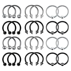24pc 16G Multiuse Stainless Steel Piercing Rings - Hypoallergenic Horseshoe Hoops for Nose, Cartilag