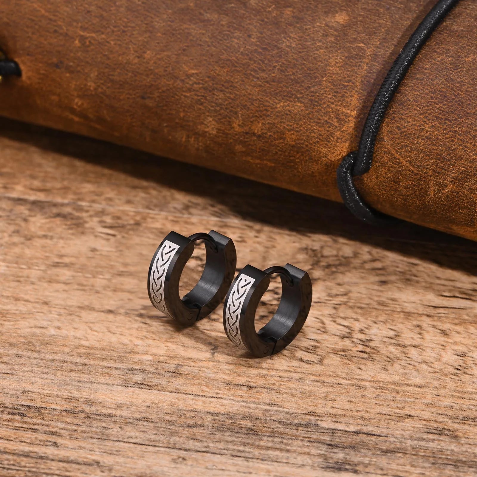 Mens Celtic Knot Hoop Earrings | Hypoallergenic Stainless Steel Huggie Earrings additional angle