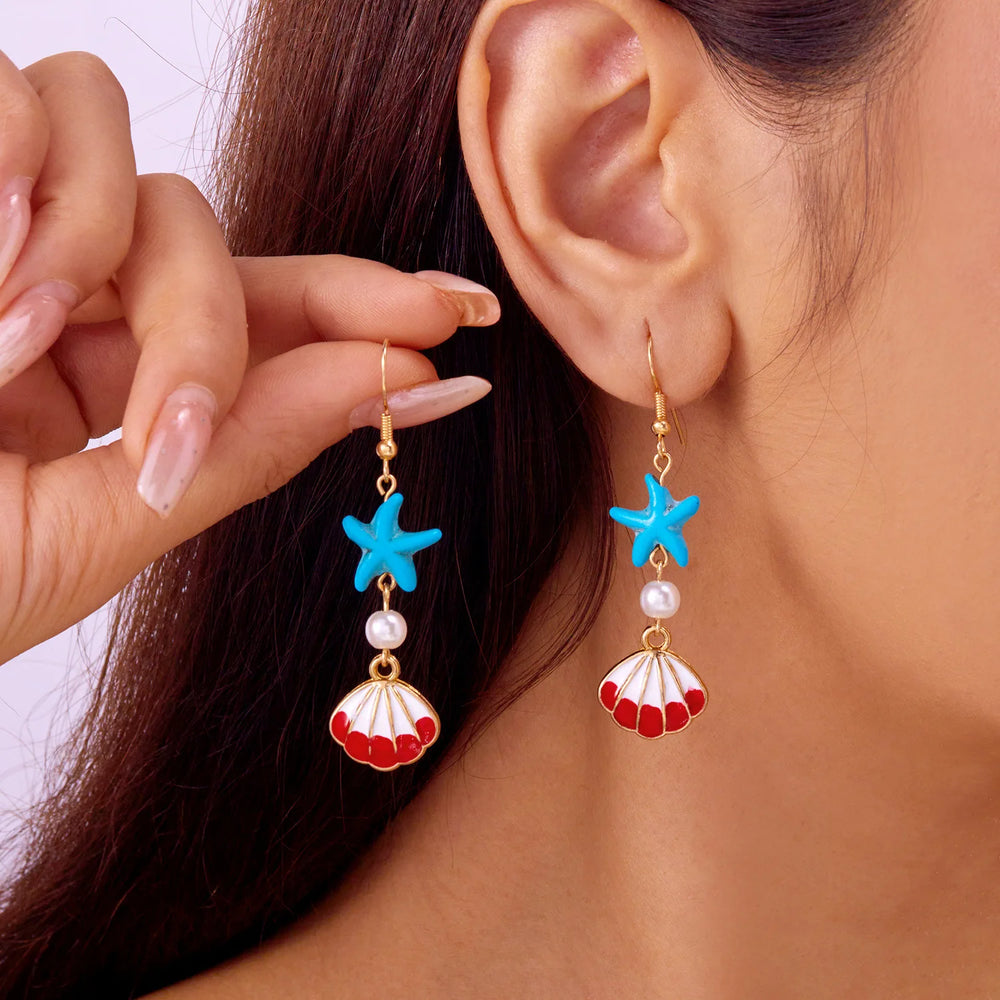 1 Pair Minimalist Starfish, Pearl & Shell Design Earrings, Suitable For Beach Vacatio alternate view