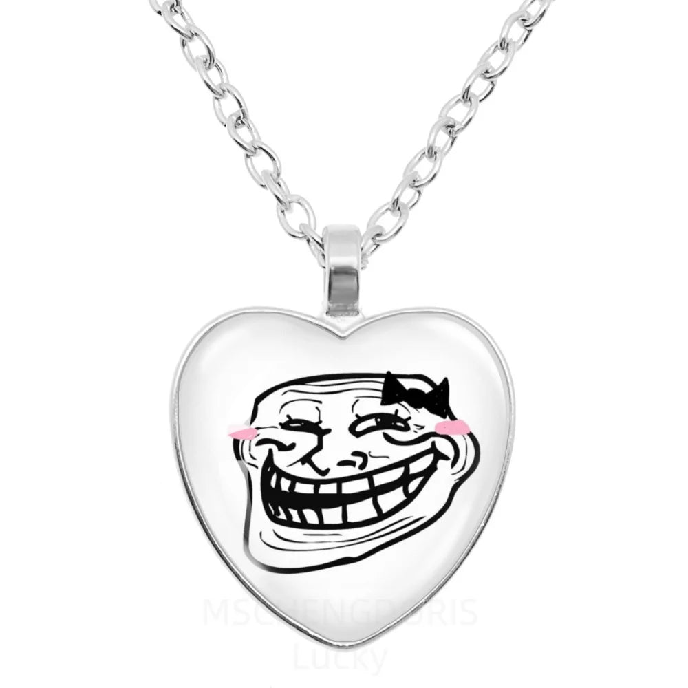 Rage Comic Necklace Derp Face Trollface Funny Meme Cartoon Glass Heart Shape Pendant C close-up view