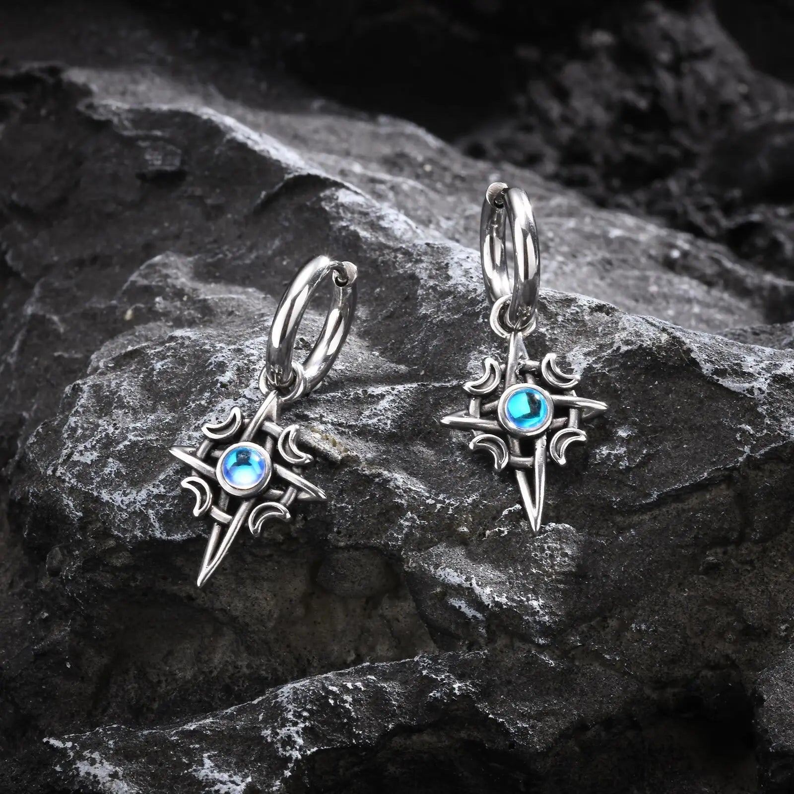 Vnox Vintage Star Moon Stone Earrings for Men Women, Hypoallergenic Stainless Steel additional angle