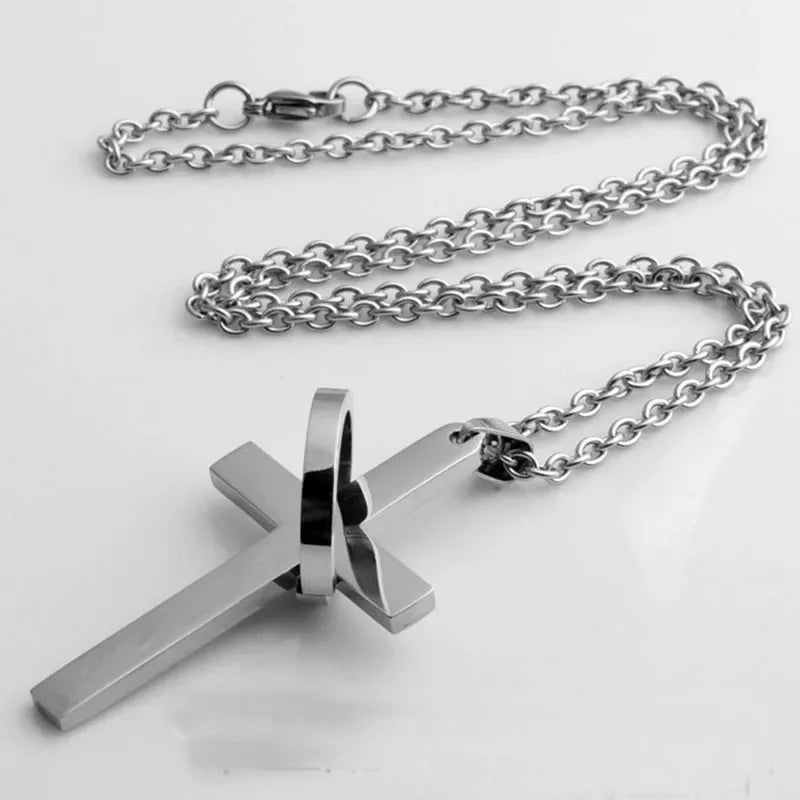 Simple Cross With Circle Pendant Necklace | Stainless Steel Christ Cruz Chain for Men lifestyle view