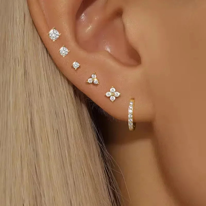 6PCS Shiny Crystal Crown Zircon Flower Stud Earrings Sets For Women Geometry Round additional angle