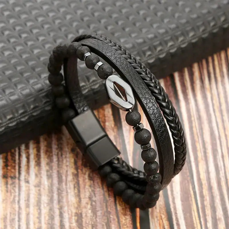 Classic Men's Leather Bracelet New Style Hand-woven Multi-layer Combination Accessory lifestyle view