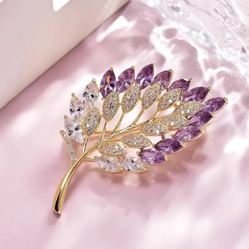 Cute Romantic Colorful Leaf Brooches For Women Purple Crysal Plant Brooch Pin Female Party Birthday Dress Suit Badge Jewelry