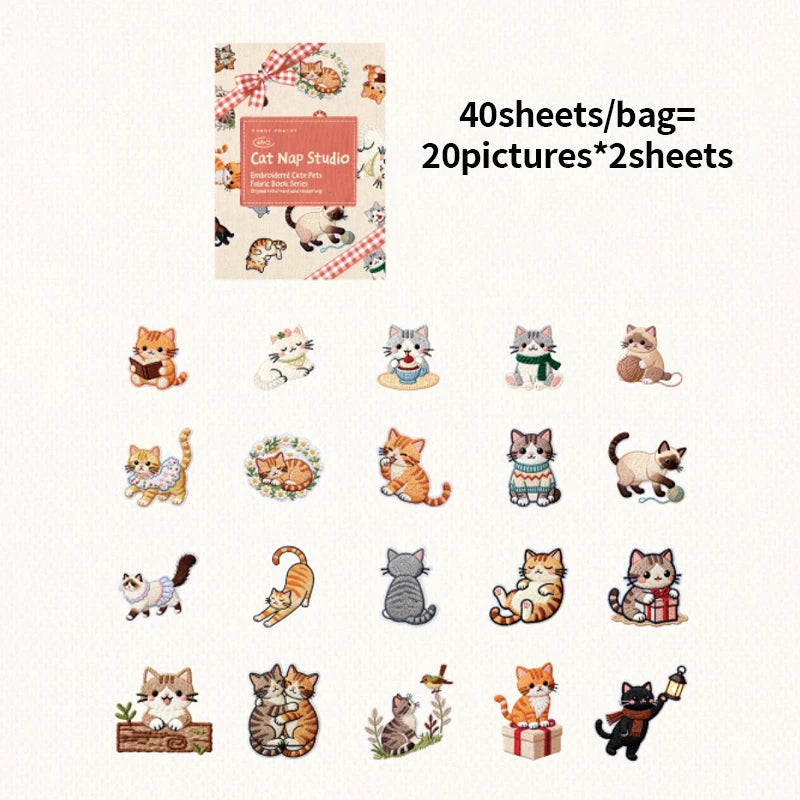 Kawaii Embroidered Fabric Pet Sticker Set | 40Pcs White Kraft Paper Journal Decor detail view