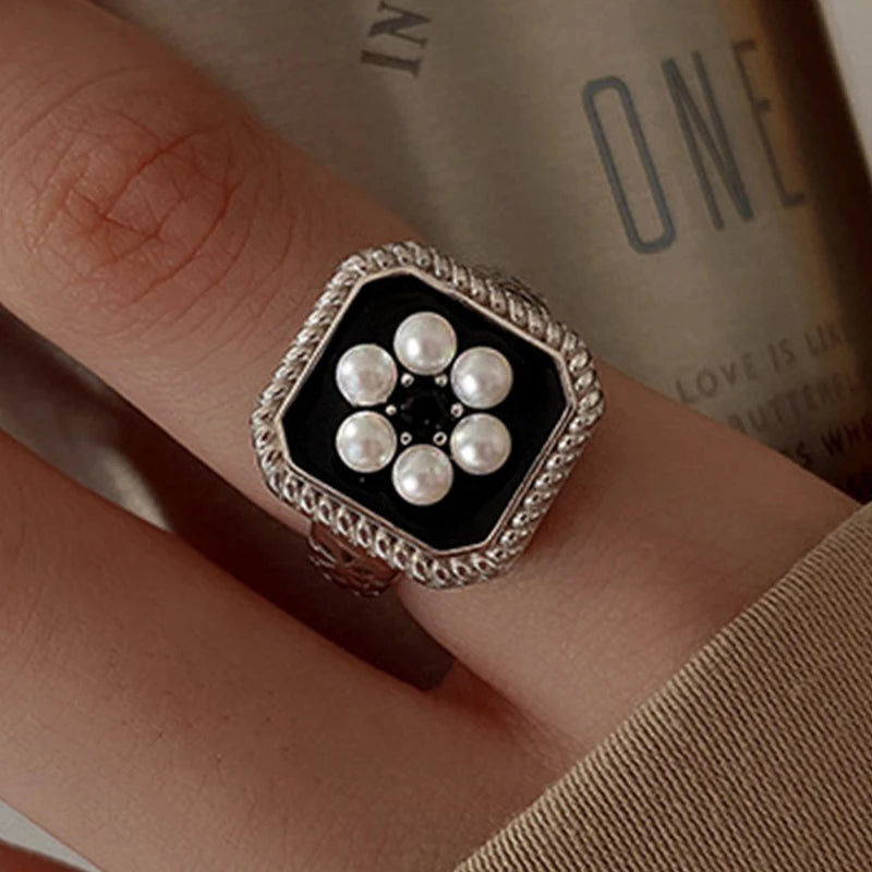 PANJBJ 925 Sterling Silber Perlen Unregelmäßiger Ring | Damen Muschel Überlappend Hohl Süßes Design Schmuck