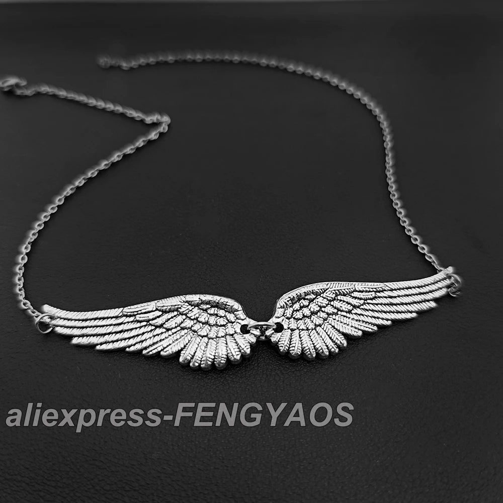 Vintage Angel Wings Feather Choker Big Pendant Aesthetic Link Chains Statement Necklace detail view